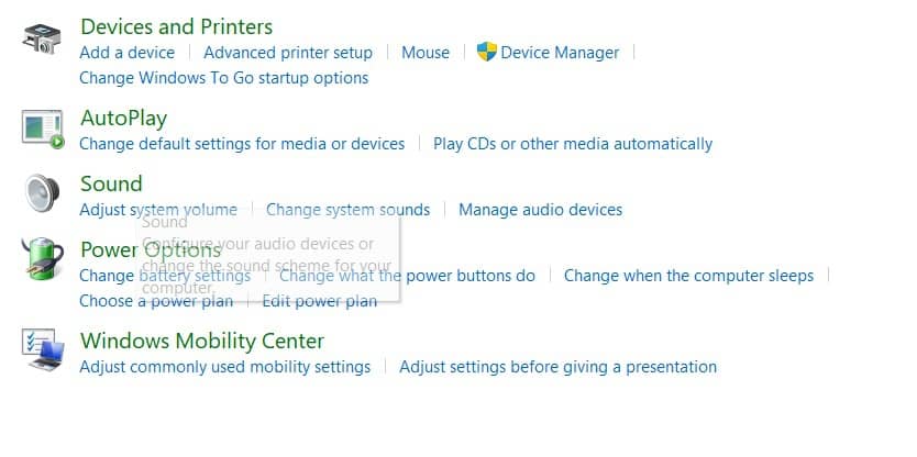 control panel menu