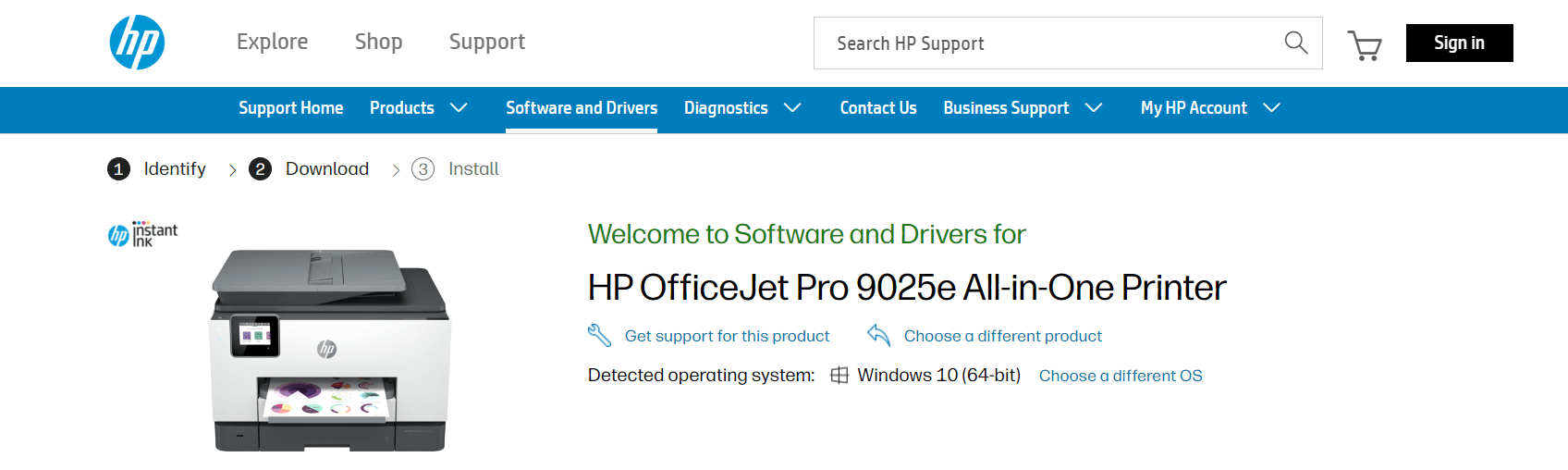 HP OfficeJet Pro 9025e at official support page