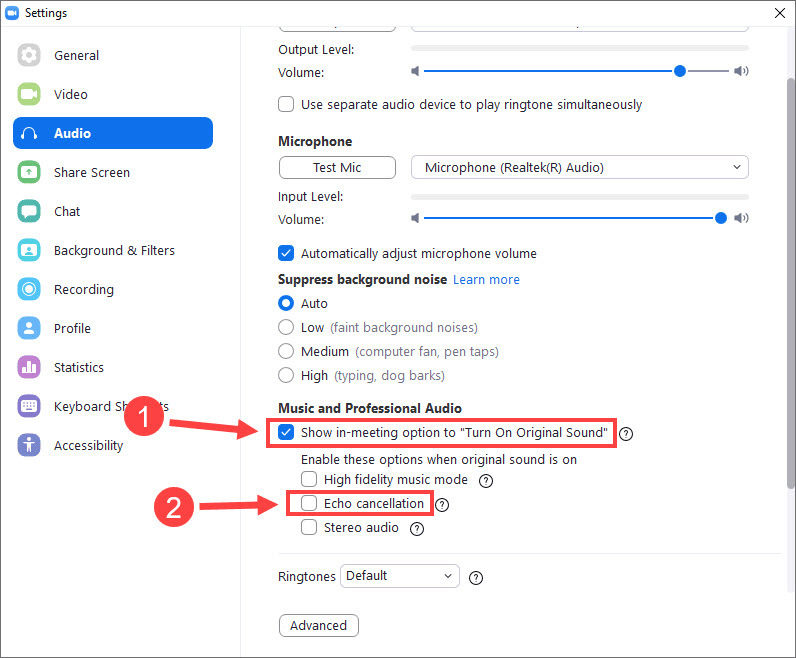 Show in-meeting option and disable Echo cancellation box