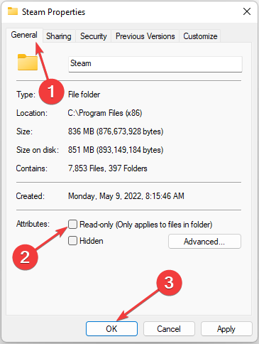 Steam Properties - General Tab